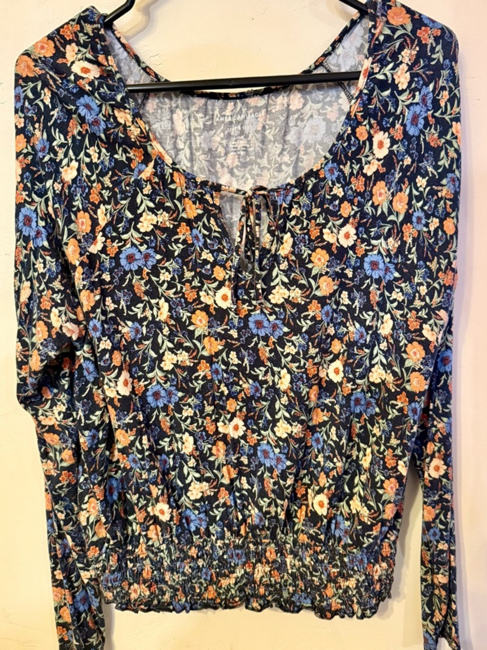 American Eagle Floral Peasant Blouse - Navy with Orange & Blue Flowers